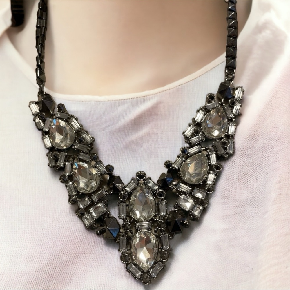 Crystal and Gunmetal Tone Statement Necklace
